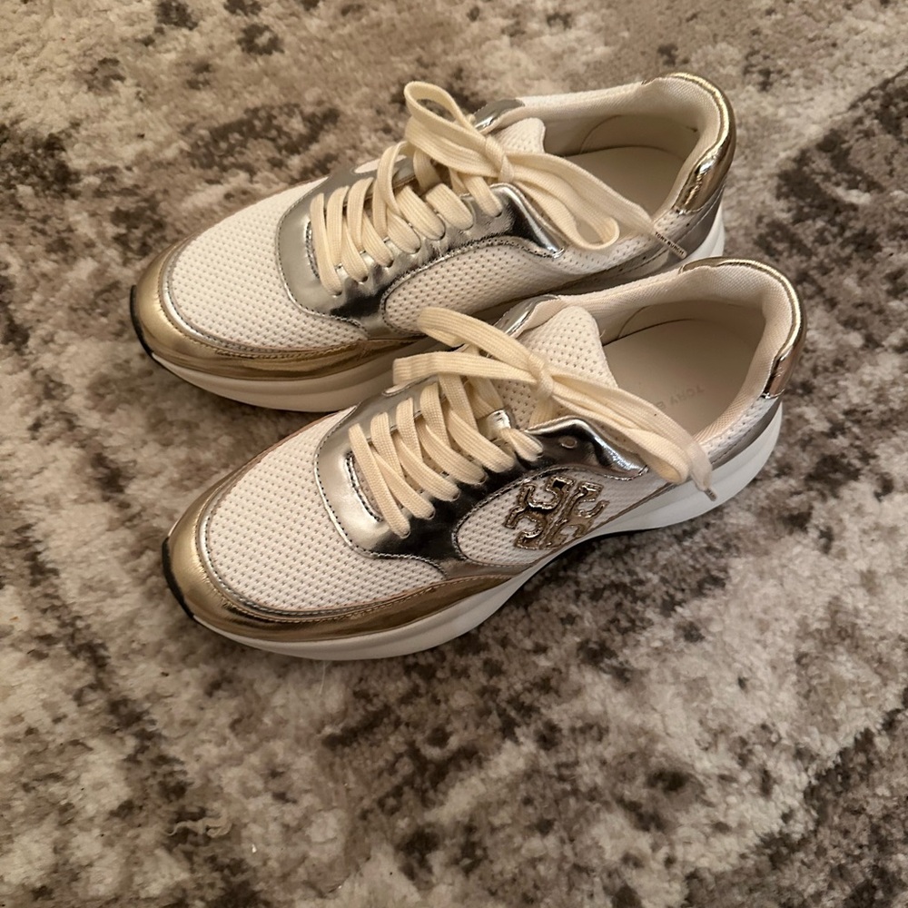 Tory Burch White and Gold Sneakers